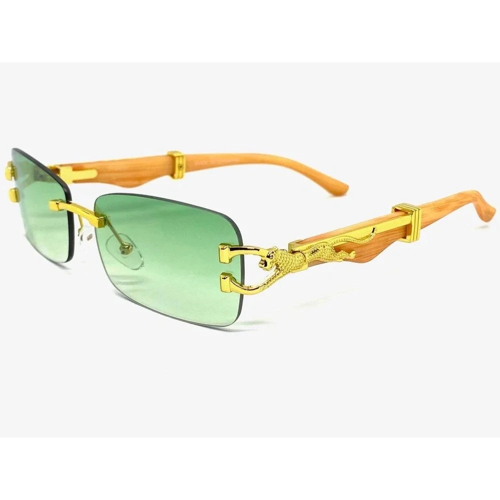 Classic Sleek Wooden Arms Frameless Sunshade Gear Men Sunglasses Green Lens 2026